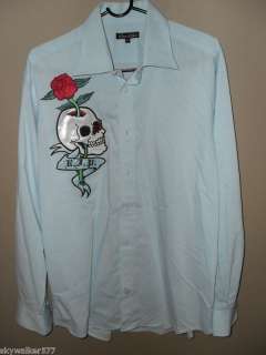 Edward Dada Skull Tattoo Couture Blue Dress Shirt XL  