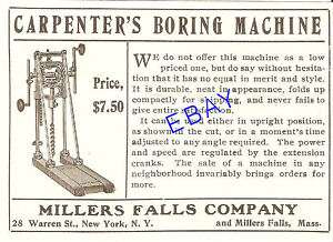 1906 CARPENRTERS BORING MACHINE AD DRILL MILLERS FALLS  