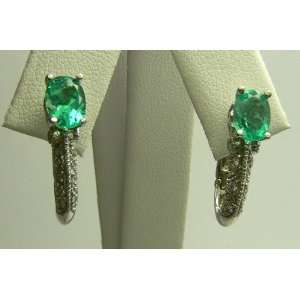    Oval Colombian Emerald & Diamond Dangle Earrings 