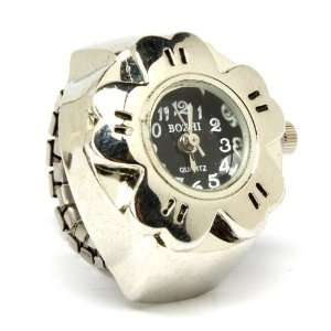 Nine Black Face Flower Ring Watch on Adjustable Stretch Band Silver 