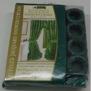  DOUBLE SWAG SHOWER CURTAIN, LINER & RINGS, DARK GREEN TONE 