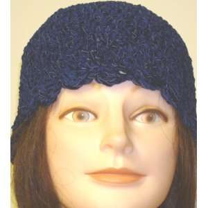    Hand Crocheted Navy Chenille and Gimp Tweed Skull Cap Toys & Games