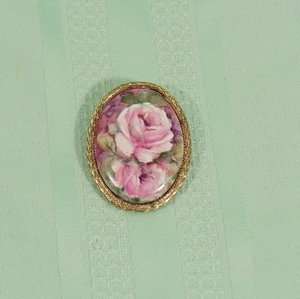 HP Roses Victorian Broach Hand Painted Porcelain P.E.P  