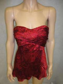   Republic Red Silk Floral Pleated Bust Strapless Tube Top Shirt 0 XS