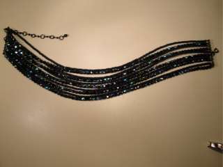 Vintage 10 Strand Black Choker Glass Crystal Bead Necklace    