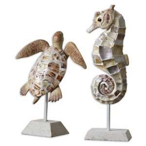   Creatures, Sculptures, S/2 Antiqued Ivory And Brown With Shell Details