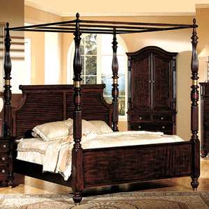 Contemporary Asian Style Mahogany Brown Queen Canopy Poster Bed Only