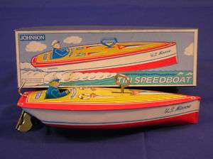 NIB Wind up Johnson Tin Toy Boat~Litho Speedboat Nautical Collectible 