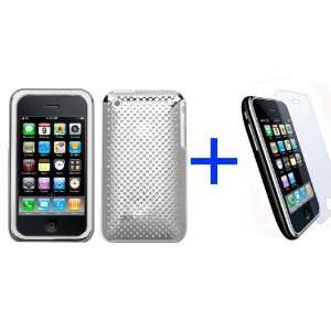 for iPhone 3GS 3G Chrome Silver Lattice Phone Protector Cover & LCD 