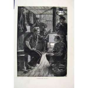  1880 Men Chatting Cabin Fire Antique Fine Art