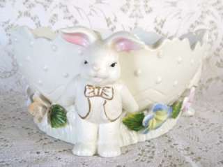 Ceramic Bunny Rabbit Centerpiece Bowl with Floral Accents 8 Diameter 