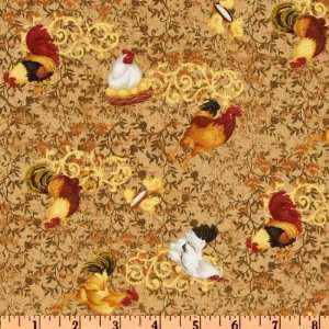  44 Wide Chicken Farm Allover Tan Fabric By The Yard 