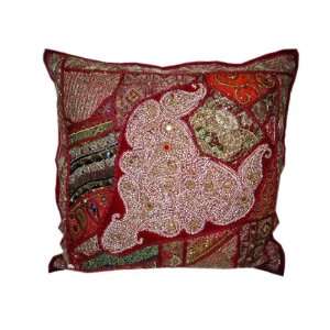  Ethnic Indian Vintage Sari Burgundy Beaded Floor Pillows 