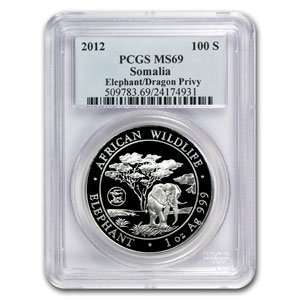  2012 1 oz Silver Somalian Elephant PCGS MS 69   Dragon 