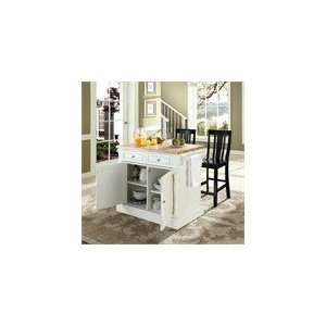 Butcher Block Top Kitchen Island in White with 24 Black Shield Back 