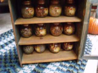   Primitive Vintage Spice Cabinet Chicken Coop Wire and 12 Jars  