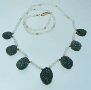 DRUZY AGATE FACETED FIRE MOONSTONE 14K GOLD NECKLACE  