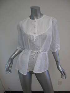 See By Chloe White 3/4 Sleeve 1/2 Button Bib Blouse 10  