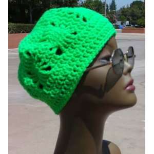  Hand Crocheted Slouchy Beanie Hat Cap Crochet Bright Green 