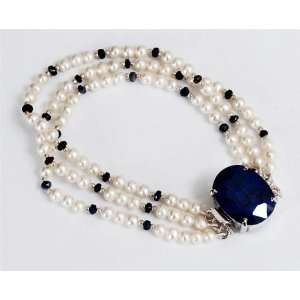 Designer 3 Rows Natural Fresh Water Pearl & Sapphire Beaded Bracelet 