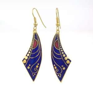  Chinese Cloisonne Gold plated Enamel Royal Blue Earrings 
