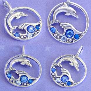 DOLPHIN WAVE BLUE CRYSTAL OCEAN Sterling Silver Pendant  