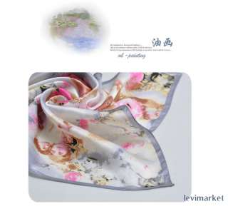 Women Silk Scarf Oil Painting Flower Pattern 100% Silk Square Scarf 