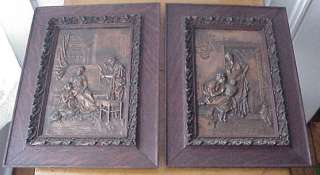 GREAT Vintage Pr Quarter Sawn Oak Frames Copper Bas Relief Classical 