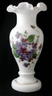 Consolidated violets dec. milk glass CON CORA vase,10h  