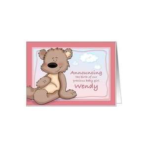  Wendy   Teddy Bear Birth Announcement Card Health 