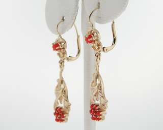 Estate Corals Solid 14k Yellow Gold 585 Dangle Earrings  