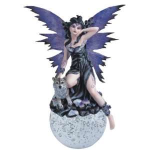  Black Winter Fairy With Wolf Kneeling On Crystal Ball 