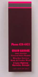 1970s Matchbook Crain Garage 4 Lane Highway Marietta GA  