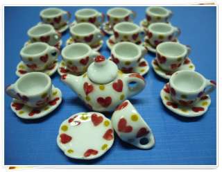 51 P Coffee Cup & Scallope Plate & Teapot Hand Paint Heart Dollhouse 