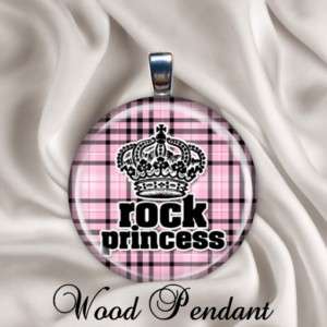 Wood Necklace Pendant Crown w Rock Princess Pink Plaid  