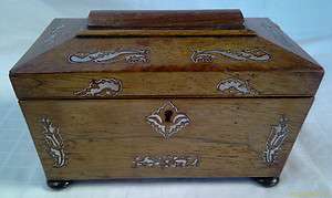 ANTIQUE WOOD SARCOPHAGUS TEA CADDY INLAID WITH MOTHER OF PEAR, WITH 4 