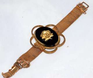 Vintage Gold Mesh & Oval Black Glass With Rose Bracelet  