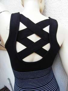   & White Stripe Criss Cross back bandage style Mini Club Dress sz M