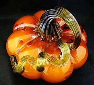 New Hand Blown Glass Dark Orange Murrini Pumpkin 5 Inch Paperweight 