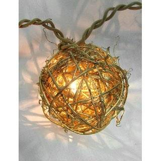 Set of 10 Gold Rattan Ball Shape Clear Christmas Lights   Brown Wire
