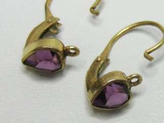   Victorian Rolled Gold Purple Paste Heart Earrings Reverse Lever Backs