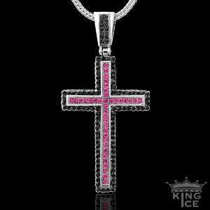  Silver Plated Iced Out Pink and Black Cubic Zirconia CZ Cross 