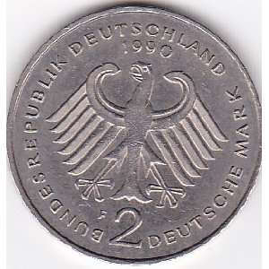  1990 F Germany 2 Mark Coin   Ludwig Erhart 1948 1988 