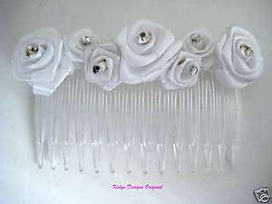 White Ribbon Rose w/ Rhinestone Hair Comb~ Bridal Veil  