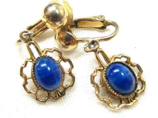 Vintage Gold Plated Blue Art Glass Dangle Clip on EARRINGS  