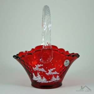Handcrafted Fenton Ruby Art Glass Reindeer Basket  