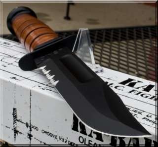 KA BAR USMC Military Knife Stacked Leather Handle & Sheath Serrated 