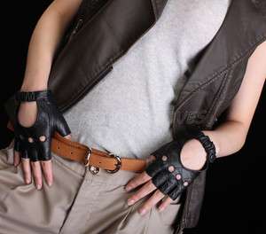   Womens Lambskin Leather PUNK Fingerless motorcycle driving gloves