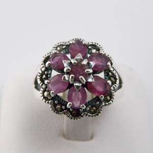 Genuine Red Ruby Marcasite 925 Sterling Silver Ring Sz8  