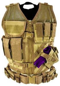   Tan Airsoft Tactical Vest LARGE w/ Pistol Holster Mag Pouch CTVL2916T